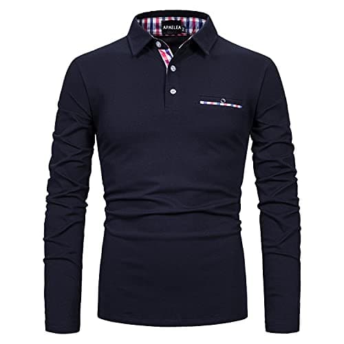 Image of APAELEA Men's Long Sleeve Polo Shirt Casual Rugby Shirts with Plaid Down Collar,Navy,M
