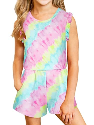 Image of Kimoda Girls Jumpsuits Rompers Ruffle Sleeve Romper Shorts with Pockets Summer One Piece Playsuit Outfits for Girl 6-13 Years, Rainbow, 8-9 years
