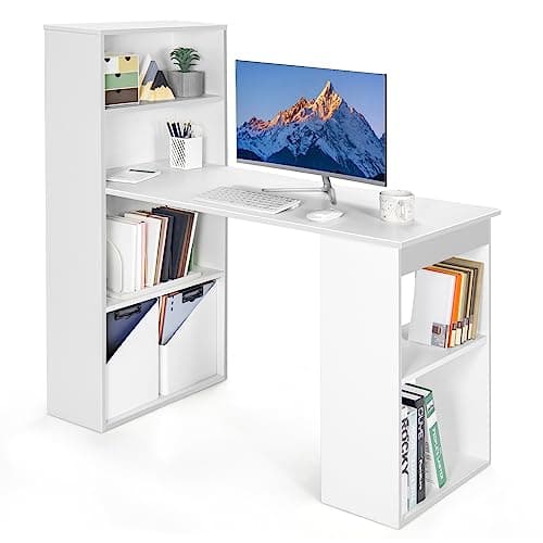 Image of SFAREST Computer Desk with Storage Shelves, 110/122cm Home Office Workstation with 4/6-Tier Bookshelf, Modern Writing and PC Laptop Study Table for Kids Teenagers Adults(White,122 x 52 x 120cm)