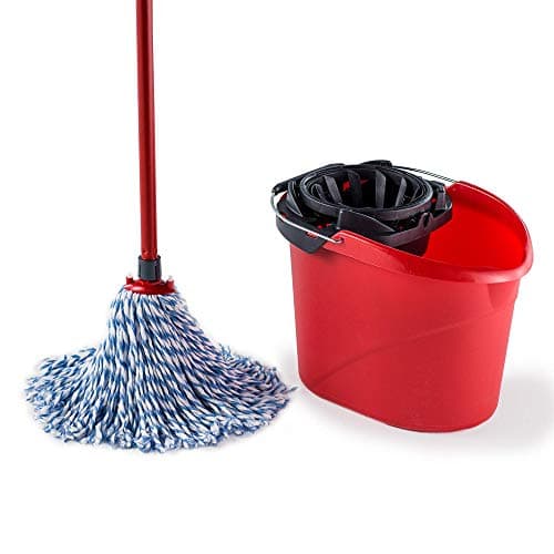 Image of Vileda SuperMocio Microfibre and Cotton Mop and Bucket Set, Mop for Cleaning Floors, Set of 1x Mop and 1x Bucket, Red/Black, 28.3cm (W) x40cm (D) x28.5cm (H)