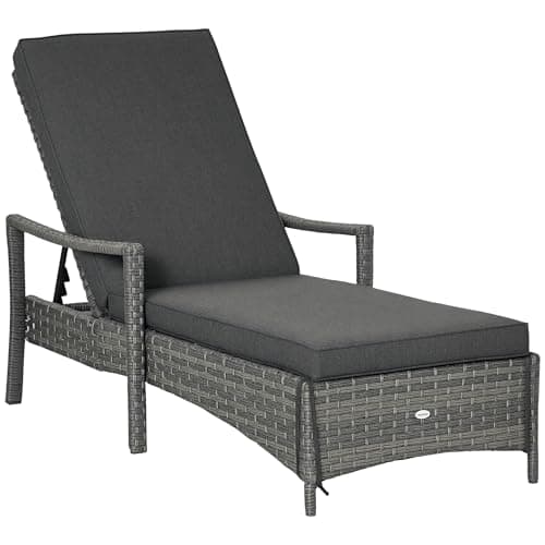 Image of Outsunny Patio Rattan Sun Lounger, Dual Wicker Weave Outdoor Single Reclining Chair Furniture, 5-Level Adjustable Backrest w/Removeable & Washable Cushion, Mixed Grey