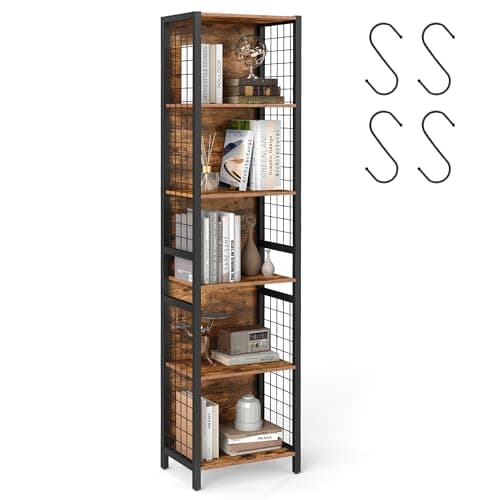Image of VASAGLE Book Shelf, 6-Tier Bookcase, Shelving Unit with 4 Hooks, 30 x 40 x 175.6 cm, for Office, Study, Living Room, Bedroom, Rustic Brown and Ink Black LLS170K01