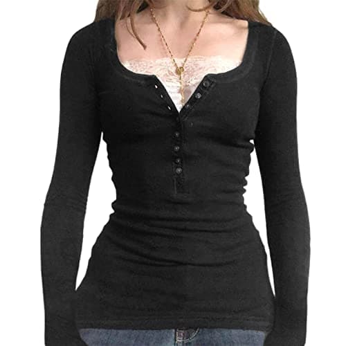 Image of Edhomenn Women Y2k Solid Color Button Down Shirts Spring Autumn Casual Long Sleeve Ribbed Knit Slim Fit Blouse Tops (Ca Black, S)