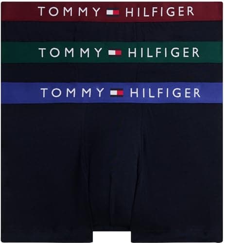 Image of Tommy Hilfiger Men’s 3 Pack Trunks with Logo Waistband, Multicolor (Orn Grn/Dp Rge/Wdg Blu), XL
