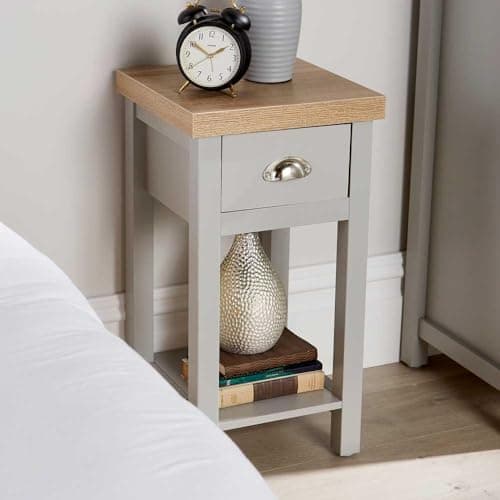 Image of Home Source Bedside Table Nightstand, 1 Drawer, Oak Effect Grey Lamp Side Table