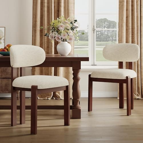 Image of Dining Chairs Set of 2, Upholstered Chenille Dining Room Chairs with Brown Solid Rubber Wood Frame, Soft Cushioned Seat Kitchen Chairs, Modern Nordic Accent Chairs for Dining Room Kitchen,Beige