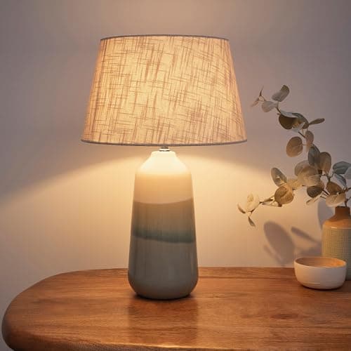 Image of K LIVING Tall Ceramic Table Lamp – 54cm Soft Colours (Blue, White Green) | Gradient Glazed Finish with Linen Lampshade | Each one Hand Finshed |