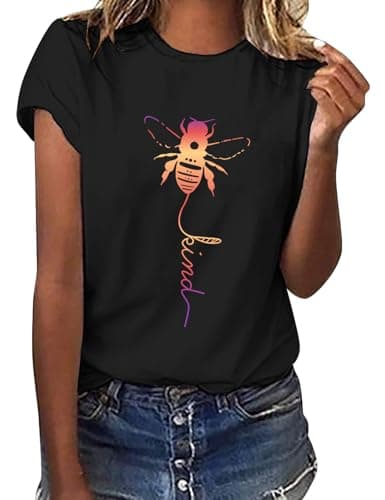 Image of Yuson Girl Women Summer Bee Kind Letter Print T-Shirt Ladies Bee Graphic Shirts Tee Round O Crew Neck Short Sleeve Tshirts Tank Tops Tee Loose Casual Shirts Tops(A-Black, L)