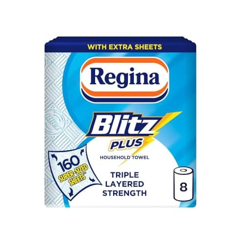 Image of Regina Blitz Plus Household Towel – 8 Rolls per Pack, 80 Sheets Per Roll, 3 Ply, Triple Layered Strength, Household Paper Towels Made with Virgin Pulp, Paper Packaging, FSC Certified