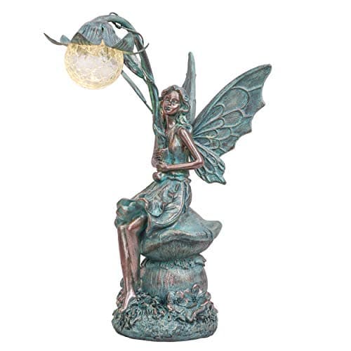 Image of TERESA'S COLLECTIONS Garden Ornaments Outdoor, Bronze Fairy Garden Statues with Solar Light Flower, Waterproof Resin Fairy Ornaments, Indoor Outdoor 35CM