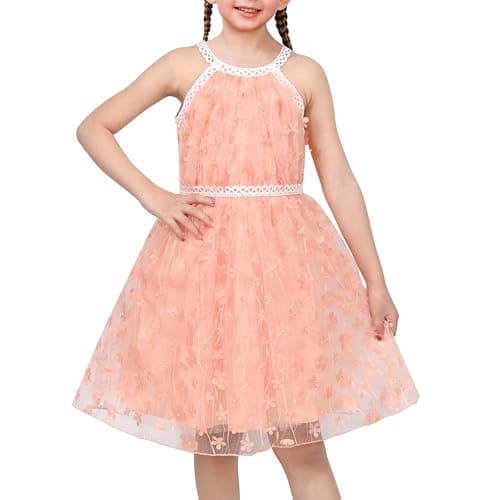 Image of Sunny Fashion Girls Dress Peach 3D Flower Rhinestone Mesh Lace Halter Formal Elegant Age 12 Years