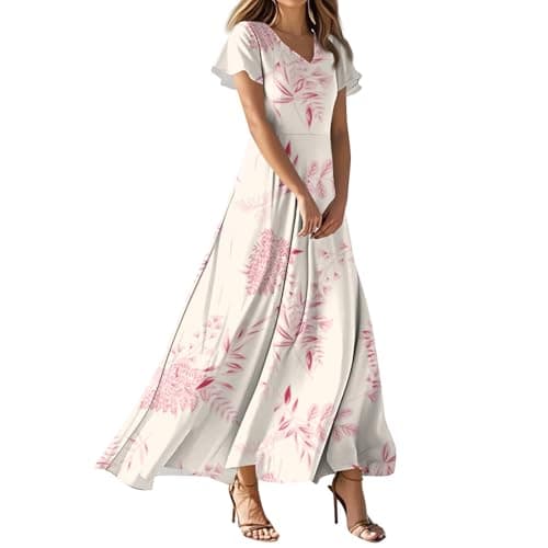 Image of Ladies Short Puff Sleeve V Neck Floral Boho Dresses Flared Flowy Chiffon Maxi Dress Summer Beach Holiday Sundress for Women,Pink,XXL