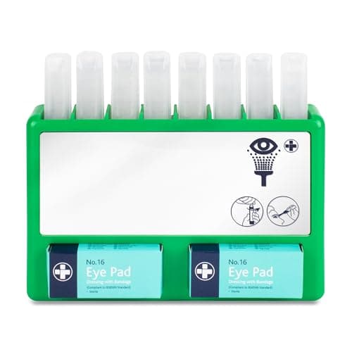 Image of Reliance Medical REL908 Complete Eyecare Pod Station, Ideal for Minor Irritation, Sterile Saline Eye Wash Solution Kit | 20ml Pods. 24.5 cm H x 33 cm W x 2.5 cm D (Green)