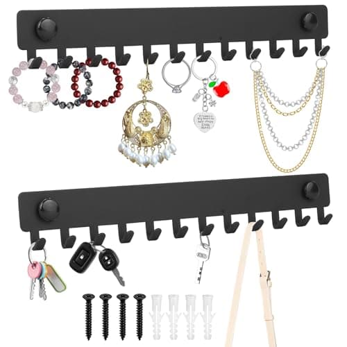 Image of ANBEEISS 2-Pack Black Hanging Jewellery Organiser, Wall Mounted Necklace & Bracelet Holder with 12 Hooks Each, Metal Jewelry Storage Display for Rings Earrings Room Decor