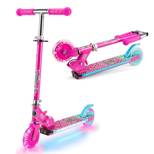Image of Xootz Wild Rider Light Up LED Scooter | Pink Leopard Folding Light Up Scooter with LED Deck, Pink and Blue, for Kids Ages 5+