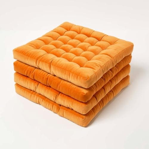 Image of HOMESCAPES Set of 4 Burnt Orange Velvet Seat Pads for Dining Chair 40 x 40 cm Super Soft 100% Cotton Quilted Velvet Chair Pads with Straps Indoor & Outdoor Garden Use for Lasting Comfort & Support