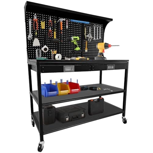 Image of Heavy Duty Workbench with Pegboard and Storage Shelves, 2 Drawers Mobile Steel Work Table Garage Workshop Bench for DIY Projects, Home Repair, Tools Organization
