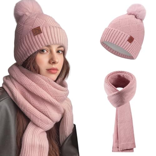 Image of Fiohiros Hat and Scarf Set for Women, Winter Beanie Hat for Women with Pom Pom Fleece Lined, Knitted Scarf Neck Warmer 2 in 1 Cold Weather Set (Pink)