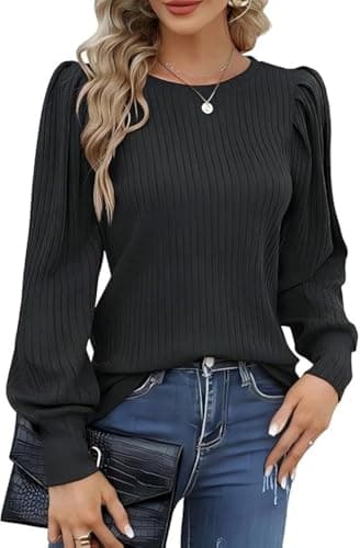Image of HOTOUCH Tops for Women Puff Sleeves Round Neck Jumper Autumn Long Sleeve Sweaters Lightweight Grey XL