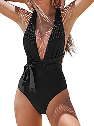 Image of CUPSHE Women's One Piece Swimsuit Deep Plunge Crisscross Back Self Tie Swimwear Bathing Suit Swimming Costume Black M