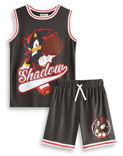 Image of Sonic The Hedgehog Shadow 2 Piece Basketball Set in Black | Unisex Kids Sports Apparel | Sleeveless Basketball Top with Cartoon Design | Activewear for Children | Sonic Merch - 7-8 Years