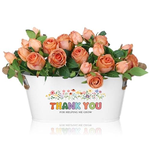 Image of YXSJAS 1Pcs Teacher Appreciation Gifts Thank You For Helping Me Grow Oval Planter Metal Flower Pots with Handles Floral Arrangement Bucket Plant Holders for Plant Lover Indoor Outdoor Wedding Decor