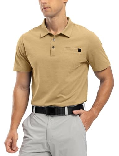 Image of Rdruko Mens Polo Shirts Short Sleeve Breathable Quick Dry Tennis Golf Tops Casual Smart Work T Shirts with Pocket Khaki L