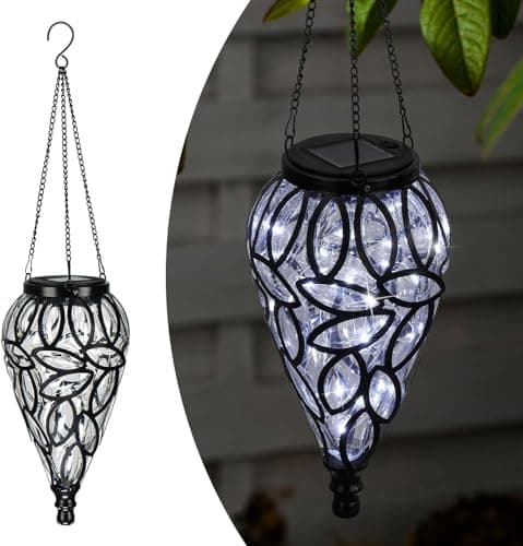 Image of Taylor & Brown Solar Hanging Lantern - Decorative Handblown Plastic Teardrop Hanging Lantern Light with 15 LED Lights for Outdoor, Garden, Patio, Yard, Pathway (Transparent)