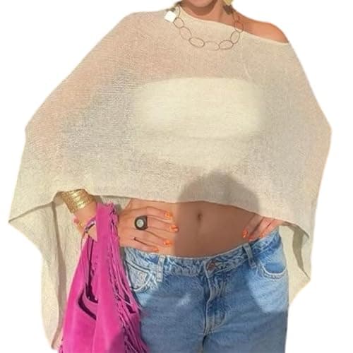 Image of BABWWNIX Y2K Sheer Knit Poncho Tops for Women Lightweight Summer Beach Shrug Shawl Bolero Off Shoulder Mesh Sweater Cover Up (Yellow, ONE SIZE)