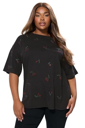 Image of Yours Curve Embellished Cherry Oversized T-Shirt - Women's - Plus Size Curve Black