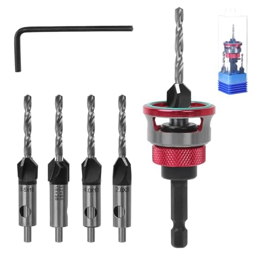Image of 6PCS Countersink Drill Bit Set with Depth Stop, Countersink Wood Drill Bit with 1/4 Inch Hex Shank, 2.8/3.2/3.6/4.0mm,Precise Drills for Wood Processing,Counter Bore Sink Bits Woodworking Tools (Red)