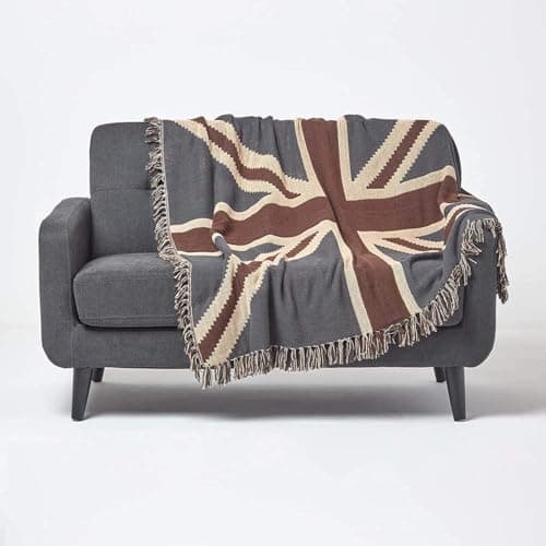 Image of HOMESCAPES Union Jack Flag Throw Blanket, 100% Cotton, Breathable, Handwoven Throws For Sofas Large, United Kingdom Flag Blanket For Bed & Armchair - Navy blue, Red, and Beige, 150 x 200cm