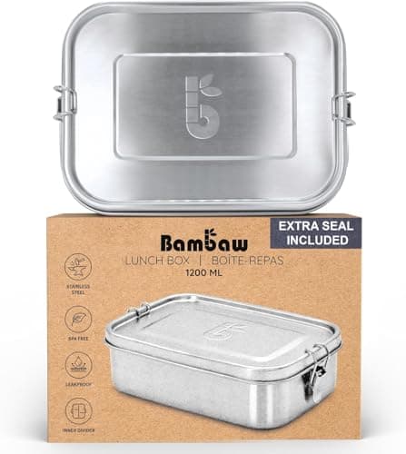 Image of Bambaw Metal Lunch Box 1200 ml, Adjustable Compartments, Leak Proof Lunch Box for Adults, Eco Food Containers, Stainless Steel Sandwich Container