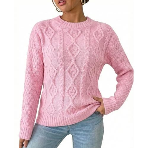 Image of Red Olives Ladies Womens New Chunky Diamond Cable Knitted Long Sleeve Sweater Pull Over Jumper Top (8/10, Baby Pink)