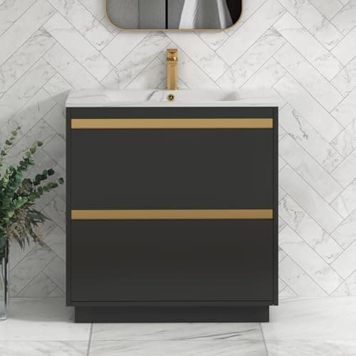 Image of Royal Bathrooms Orion 800mm Floor Standing Vanity Unit 2 Drawer Matt Obsidian Black with Carrara White Sintered Stone Basin & Brushed Brass Accent Trim