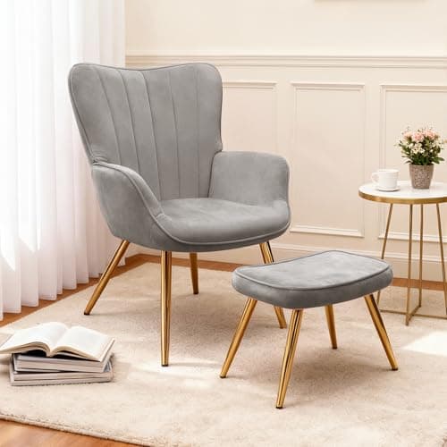 Image of BonVache Modern Armchair with Footstool, Wing Back Accent Chair with Ottoman, Lounge Chair for Living Room Bedroom and Office, Grey