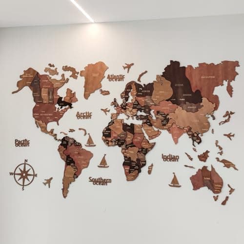 Image of HYGRAD® World Map Wall Art Wooden 3D Vintage Style Large Wall Decor World Map Adhesive Wall Mount Travellers Gift Suitable For Office Hallway Living Room (XXL (300x180cm))