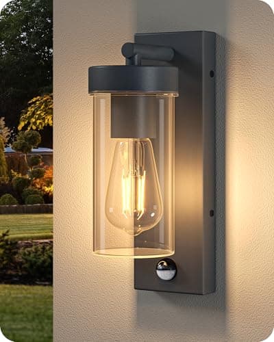 Image of EDISHINE Dusk to Dawn Outdoor Wall Lights, Clear Glass Modern Outdoor Lighting with Motion Sensor, IP44 Waterproof, for Front Door, Patio, Garage, E27 Base, Anthracite Grey