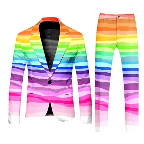 Image of Mymyguoe Neon Coloured Suit 2-Piece Men's Slim Fit Suit Jacket Suit Trousers Two Piece Set Funny Novelty Rainbow Suit Blazer Set Neon Theme Party Outfit Disco Night Club Performance Costume Set, q2