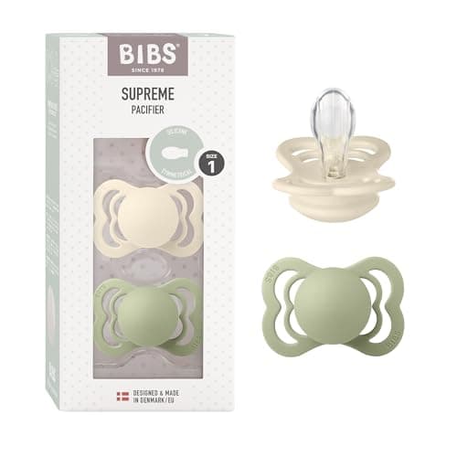 Image of BIBS Supreme Dummies 2-Pack, BPA Free Dummy Pacifier, Silicone Symmetrical Nipple Soother, Size 1 (0-6 Months), Ivory/Sage