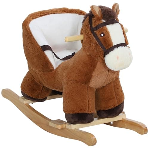 Image of AIYAPLAY Kids Rocking Horse, Plush Ride on Horse, with Sound, Wood Base, Seat Safety Belt, for Ages 18-36 Months, Brown