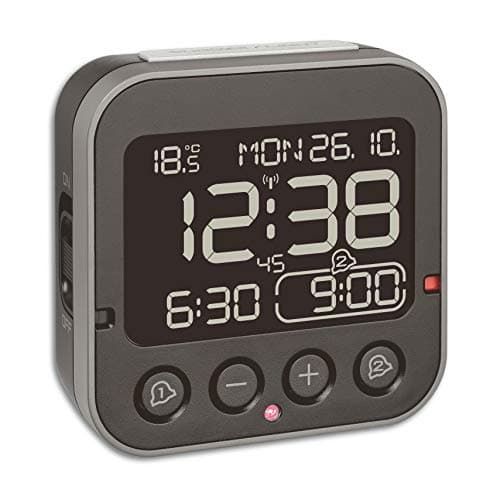 Image of TFA Dostmann Bingo 2.0 Digital Radio-Controlled Alarm Clock, 60.2552.01, Inverted Display, 2 Alarm Alarms, Date and Day of the Week, Includes Thermometer, with Light, No Ticking, Radio-Controlled