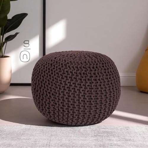 Image of CASVO Handmade Large Knitted Pouffe Ottoman 100% Cotton Chunky Couffes for Living Room Versatile for Foot Rest Extra Seating & Home Decor 50cm Foot Stool (Brown)
