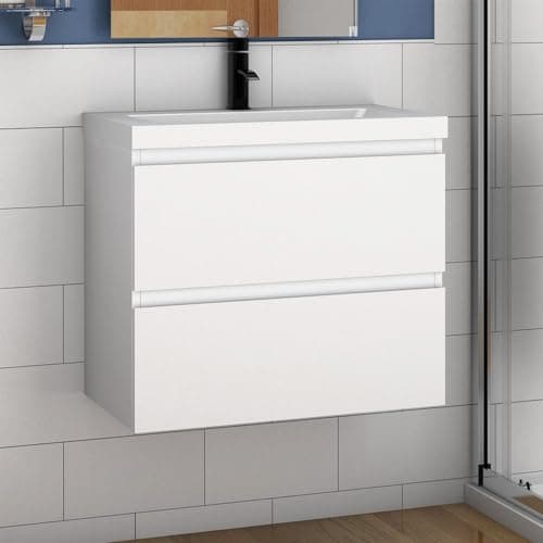 Image of 600mm Wall Hung Bathroom Gloss White 2 Drawer Vanity Unit Cabinet with Ceramic Sink Basin Storage Cabinet Furniture