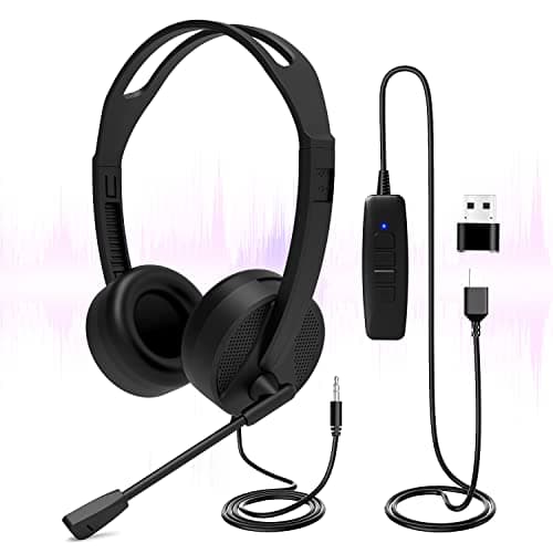 Image of USB Headset with Microphone, 3.5mm/USB Jack 2-In-1 Computer Headset with Noise Cancelling & Audio Controls for Laptop Tablet, PC Headphone for Skype Call Center, Business Chat, Gaming, Teaching, etc