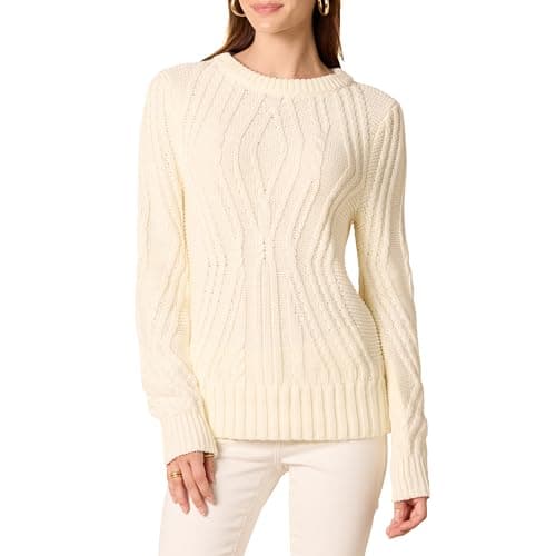 Image of Amazon Essentials Women's Regular Fit Cotton Cable Knit Crewneck Jumper, Ivory, L