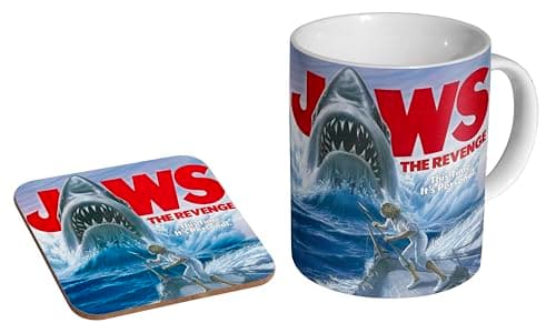 Image of mugmart Jaws The Revenge - Ceramic Coffee Mug + Coaster Gift Set - Retro Shark Horror Movie Gift for Fans of Classic Thrillers