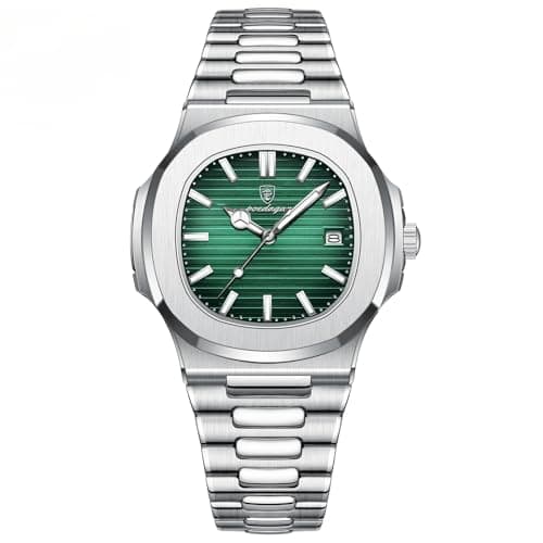 Image of Poedagar Man Fashion Wristwatch Business Stainless Steel Band Quartz Men Watch Waterproof Luminous Date Square Men's Watches, Silver Green S