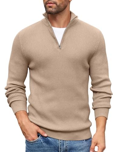 Image of COOFANDY Jumpers for Men Quarter Zip Jumper Polo Neck Jumpers Turtle Neck Tops Knitted Thermo Work Jumper Winter Pullover Long Sleeve Khaki S
