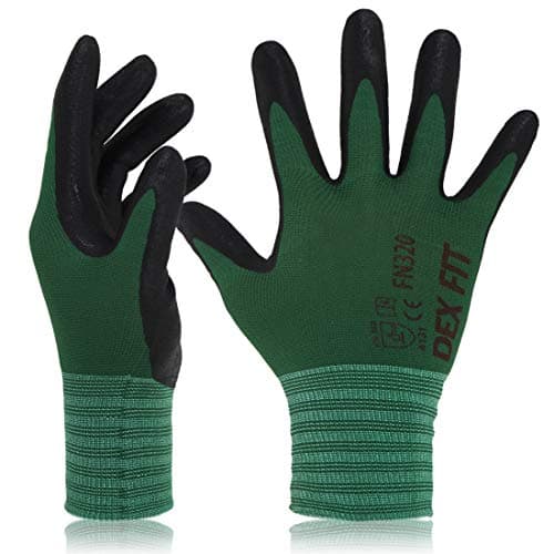 Image of DEX FIT Nitrile Work Gloves FN320, 3D Comfort Stretch Fit, Power Grip, Durable Foam Coated, Thin & Lightweight Premium Nylon, Machine Washable, Forest Green 8 (M) 3 Pairs